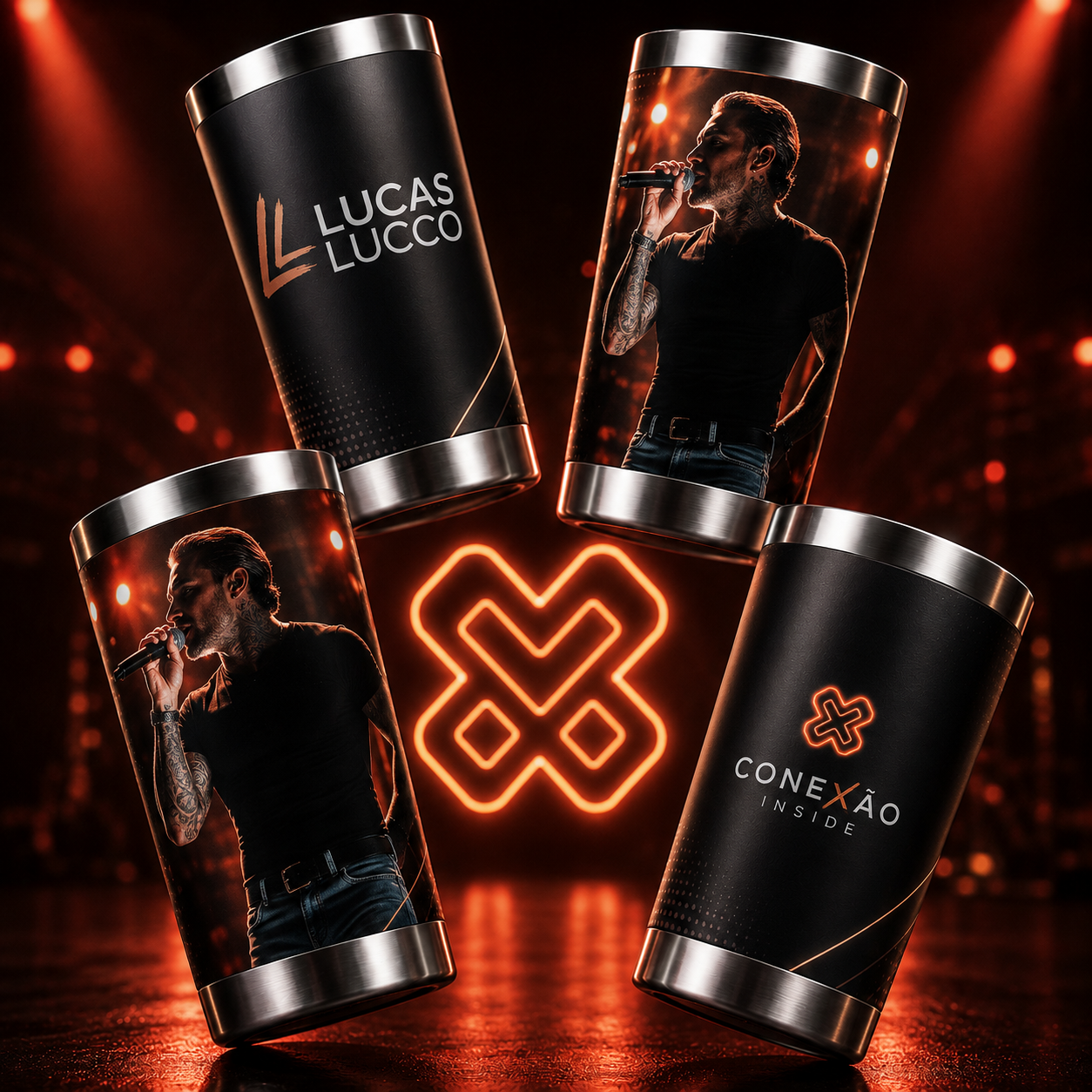 Coleção oficial de copos térmicos Conexão Inside × Lucas Lucco